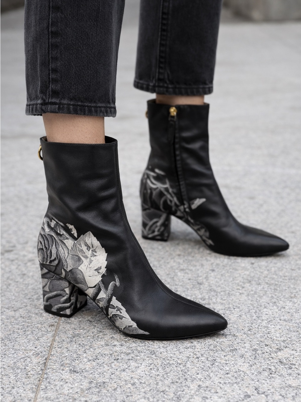 Valentino Garavani black leather rose print boots
